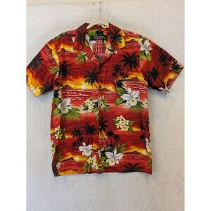 Favant Hawaiian Shirt Men's Medium Red Tropical Sunset Palm Tree‎ Button Down